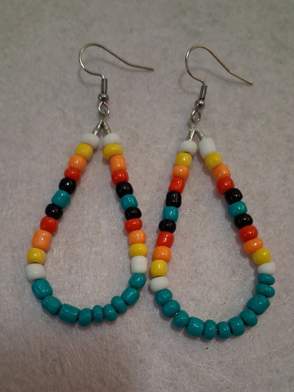 258- Seed Bead Teardrop Earrings - Turquoise, Yellow, Orange & Black